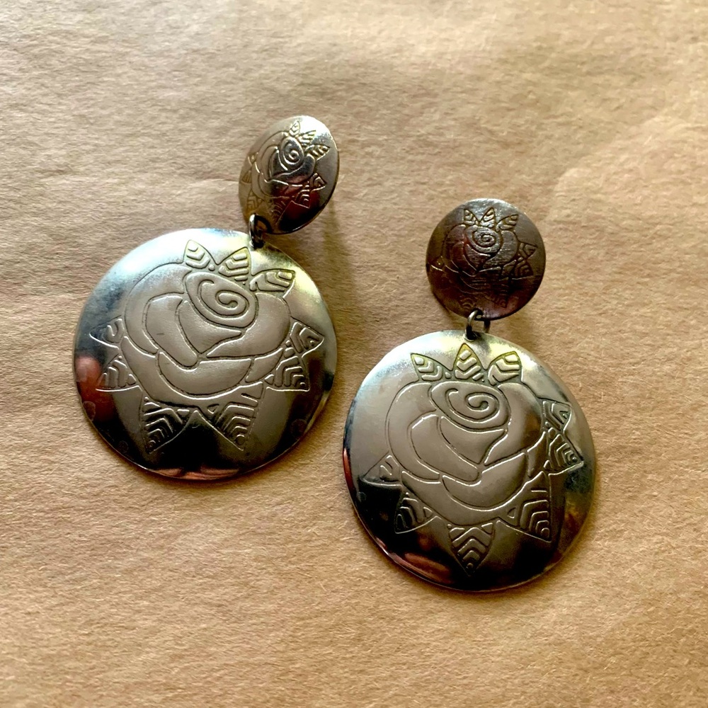 Silver Rose-Engraved Drop Earrings